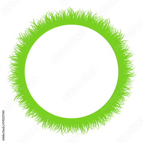 Circular green grass strip around a white circle. Circle frame  made of fresh grass blades. Decorative border and background with the pattern of chlorophyll colored fresh grass in the spring. Vector.