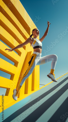 Athletically built beautiful girl athlete in a jump on the background of abstract yellow and blue figures. photo