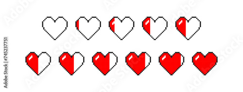 Pixel heart icon set for video games with different health indicators. Vector EPS 10