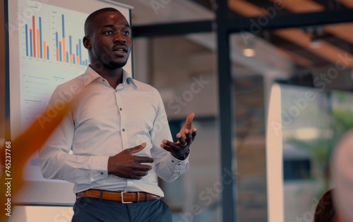 African Entrepreneur Delivering Presentation at Coworking Space with Team Discussion