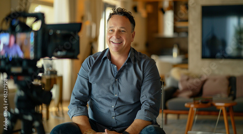 Smiling Man Being Interviewed on Camera. Cheerful man in a casual shirt sitting for an on-camera interview in a cozy room, giving a sense of approachability and openness.