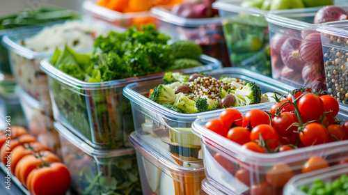 Assorted Fresh Vegetables in Clear Storage Containers. Multiple containers filled with a variety of fresh vegetables, showcasing a healthy meal preparation or food storage concept.