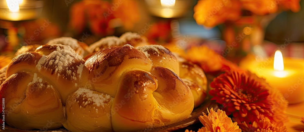 A close-up view of a plate on a table, showcasing Mexican sweet bread known as Pan de Muerto, a traditional element used in altars and offerings during the Day of the Dead celebration. A close-up view of a plate on a table, showcasing Mexican sweet bread known as Pan de Muerto, a traditional element used in altars and offerings during the Day of the Dead celebration.