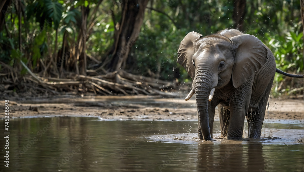 Afrykański słoń cieszący się wodną kąpielą - obrazy, fototapety, plakaty 