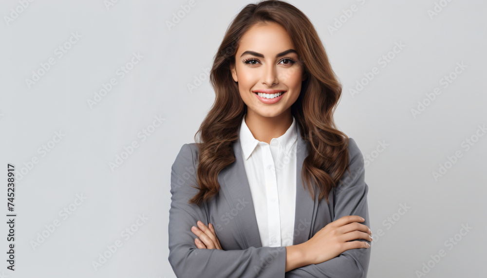Young female professional. White background, copy space. Business Casual wearing white blouse. Natural look. Product advertising face testimonial. Happy smiling face. Advertising Campaign model. Young female professional. White background, copy space. Business Casual wearing white blouse. Natural look. Product advertising face testimonial. Happy smiling face. Advertising Campaign model.