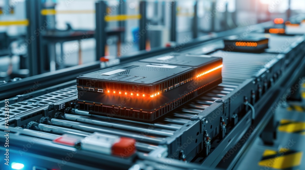 Automated Production Line With Robot Arms,Electric Car Battery Pack Manufacturing Process. Automated Production Line With Robot Arms,Electric Car Battery Pack Manufacturing Process.