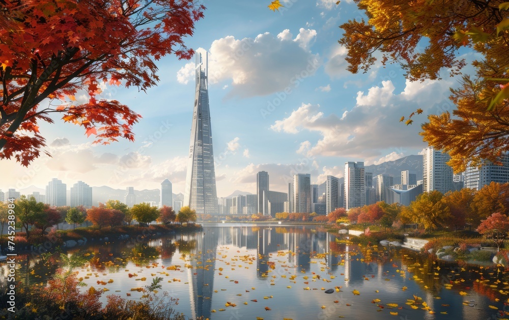 Fototapeta premium Majestic View of the Lotte World Tower Dominating the Seoul Skyline Beside the Han River