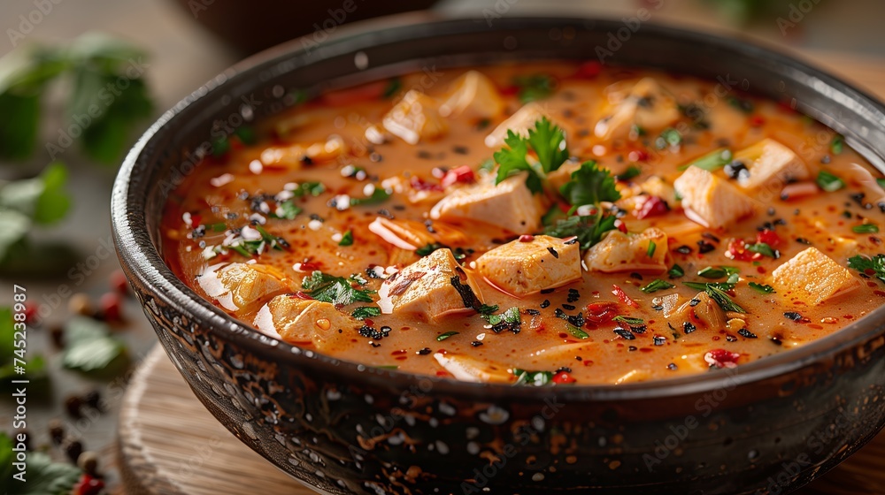 A hearty stew with chicken, vegetables, and cheese on a rustic wooden table