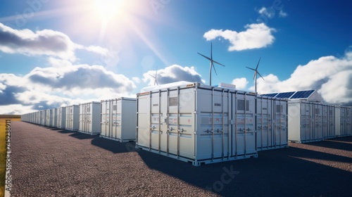 modern battery energy storage system,battery container units with solar and turbine farm photo
