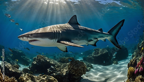 Fototapeta Majestatyczny rekin przemierzający słoneczne wody oceanu