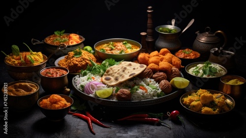  Assorted Indian food in dark table 