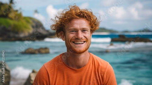 red-haired man in orange clothes resting on tropic beach