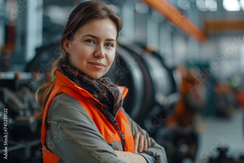 Beautiful Woman at Work: Smiling Amidst the Industrial Manufacturing Process, Perfect for Factory Profiles, Women in Industry Features, and Inspirational Stories