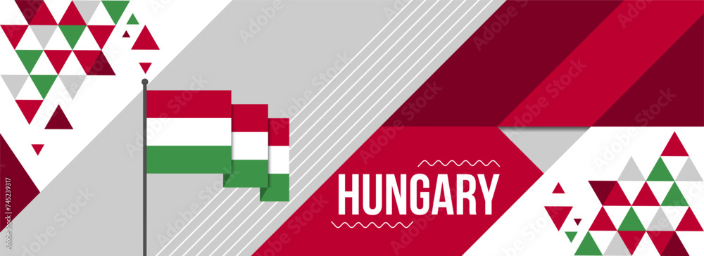 Fototapeta premium Hungary national or independence day banner for country celebration. Hungarian Flag Modern retro design with typorgaphy abstract geometric icons. Vector illustration.