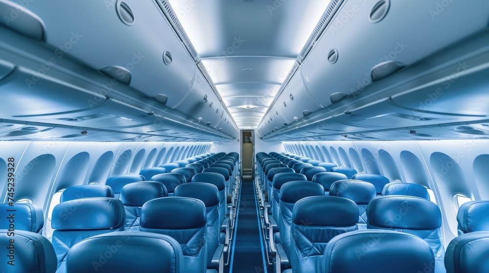 An empty airplane cabin with blue seats and overhead bins. The seats are arranged in a 3-3 configuration. An empty airplane cabin with blue seats and overhead bins. The seats are arranged in a 3-3 configuration.