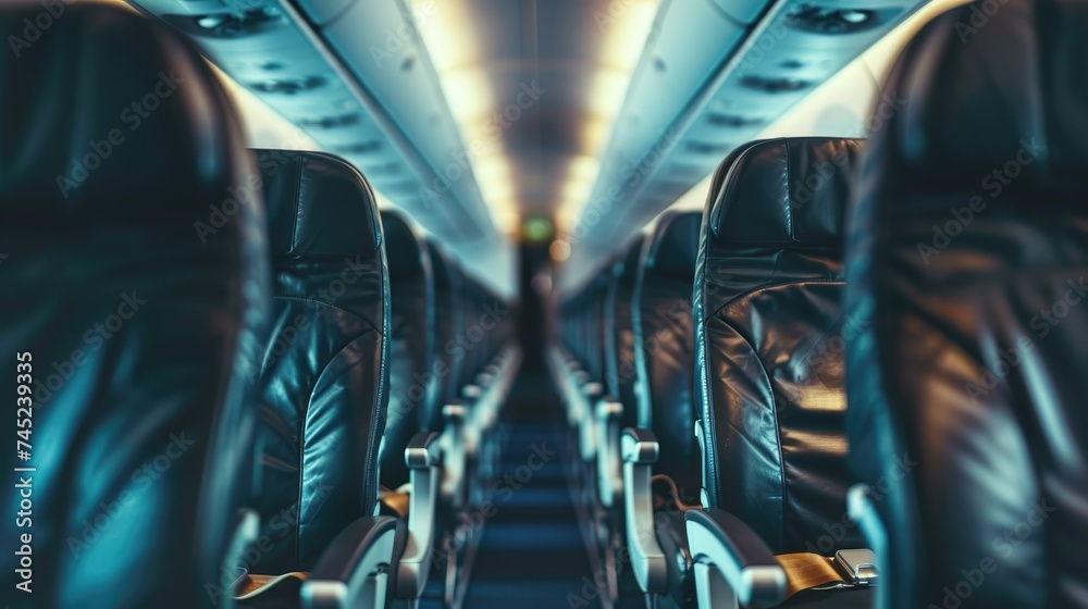 An empty airplane cabin with blue and gray seats. The seats are made of leather and have a modern design. The cabin is lit by a soft, blue light.