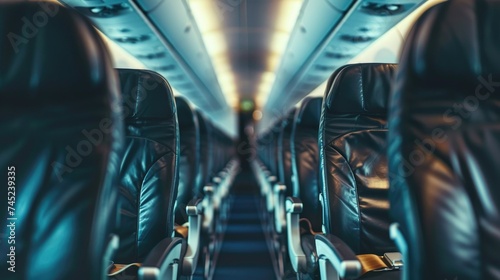 An empty airplane cabin with blue and gray seats. The seats are made of leather and have a modern design. The cabin is lit by a soft, blue light. © Togrul