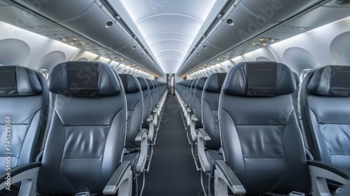 An empty airplane cabin with rows of empty seats. The seats are made of gray leather and have black headrests.