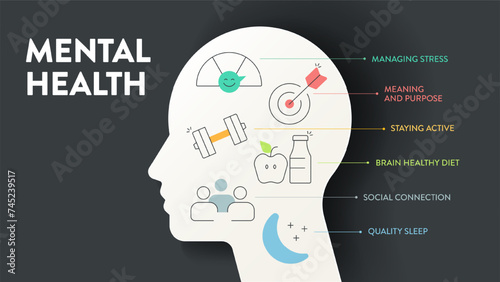 Mental Health infographic diagram chart illustration banner presentation has managing stress, meaning and purpose, staying active, brain healthy diet, social connection and quality sleep. Icon vector.