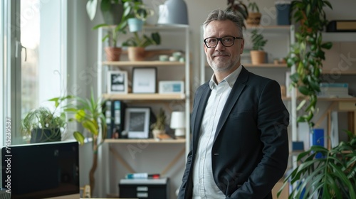 Confident businessman standing in his office and looking at the camera. He is wearing a suit and glasses. There are plants and a computer on the desk.