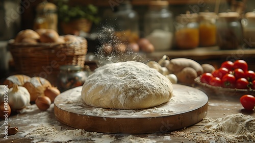 A dough loaf on a floured cutting board, a staple ingredient in baking