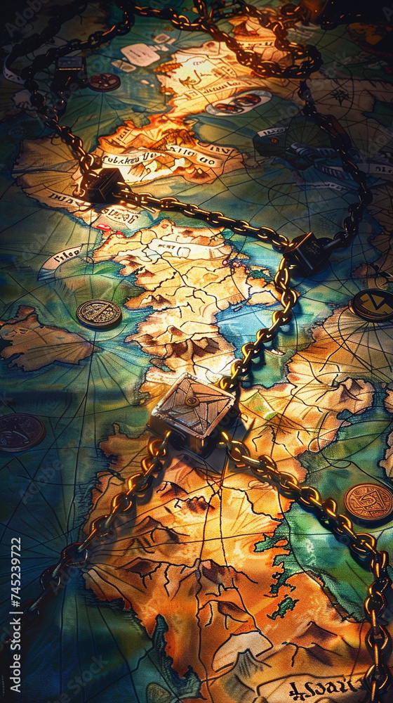 Naklejka premium Fantasy cartoon map leading to a treasure chest locked with High Interest chains adventurers facing financial obstacles