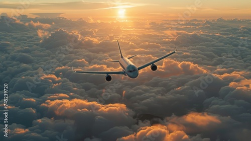 A commercial passenger jet flies high above the clouds at sunset.