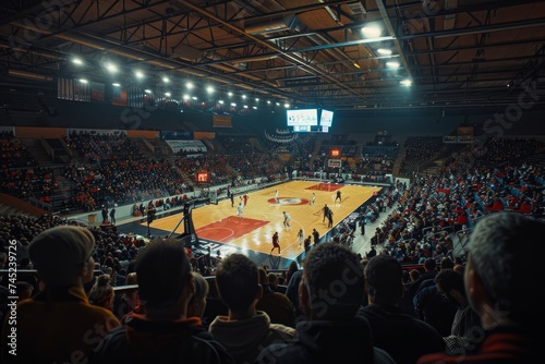 Basketball stadium with people watching an event, in the style of rembrandtesque, light black and red, dark orange and light black