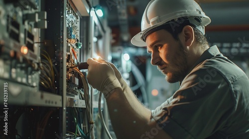 Wallpaper Mural skilled electrician connecting cables in a switchboard for maintenance Torontodigital.ca