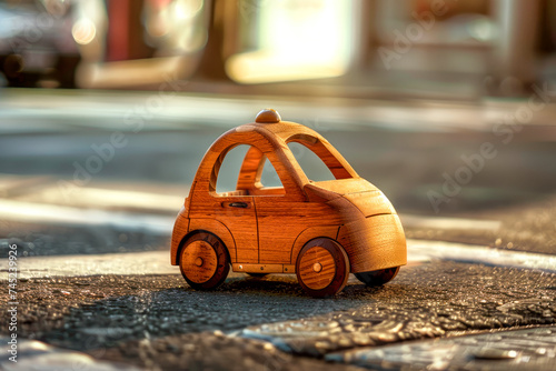 Tiny wooden car on the city street.