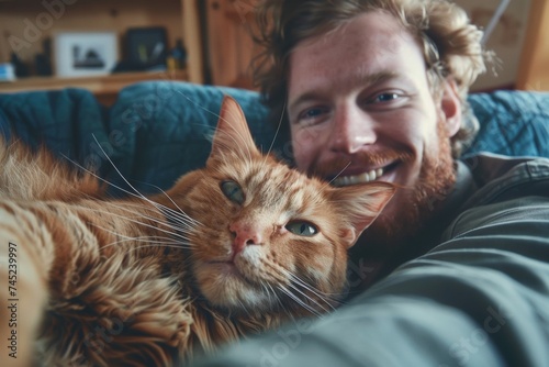 Smiling Man Taking a Selfie with a Rescued Ginger Cat Indoors