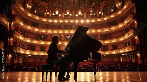 Elegant young man playing a piano on stage with spotlights
