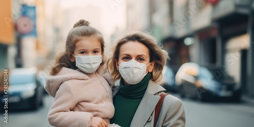 Parent shielding child from urban pollution with a face mask , concept of Environmental protection