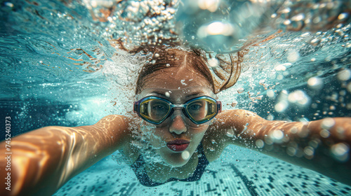 Underwater shot of a person swimming towards the camera with goggles on, bubbles surrounding.