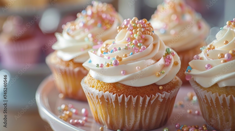 Cupcakes with pearl sprinkles, suited for bakery promotions, dessert recipes, and culinary websites.