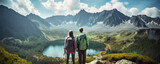 Happy young couple enjoying their time together on the vacation in mountains. They are hiking. Active lifetyle concept