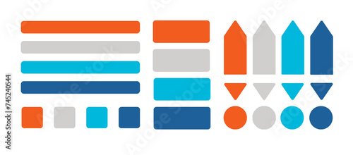 Set of bright colored stickers of different shapes isolated on white background. Stationery set illustration. Orange, light gray, blue and dark blue stickers, bookmarks