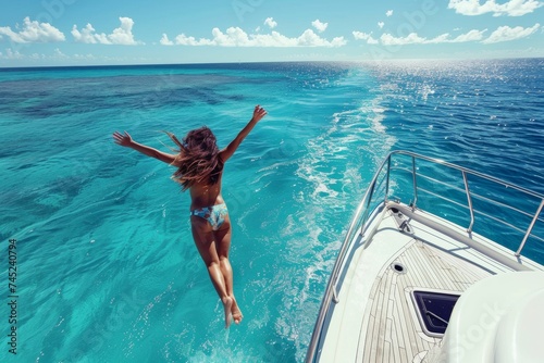 Teenage Girl Leaping into the Turquoise Waters of the Caribbean Sea from a Yacht on a Sunny Day © bomoge.pl