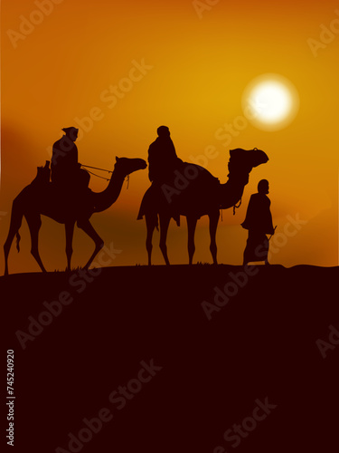 Silhouette camels with man walking , travel in sunset desert landscape vector illustration background.