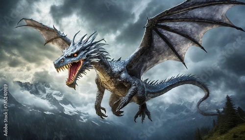Fantasy dragon flying in stormy sky. © hardvicore