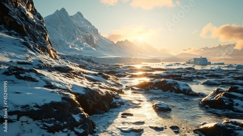 Generative AI Endless icefields, warm golden tones, distant research station, realistic fading sun, immersive Antarctic scenery