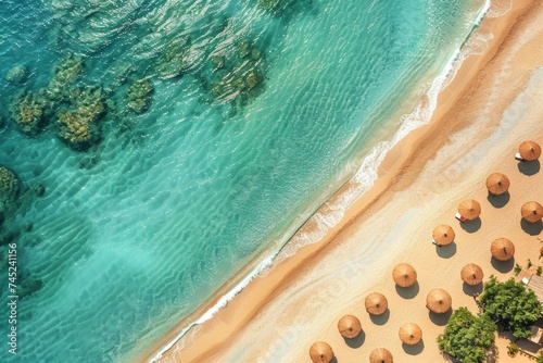 Aerial View of Vai Beach with Azure Waters and Palm Tree Umbrellas in East Crete, Greece