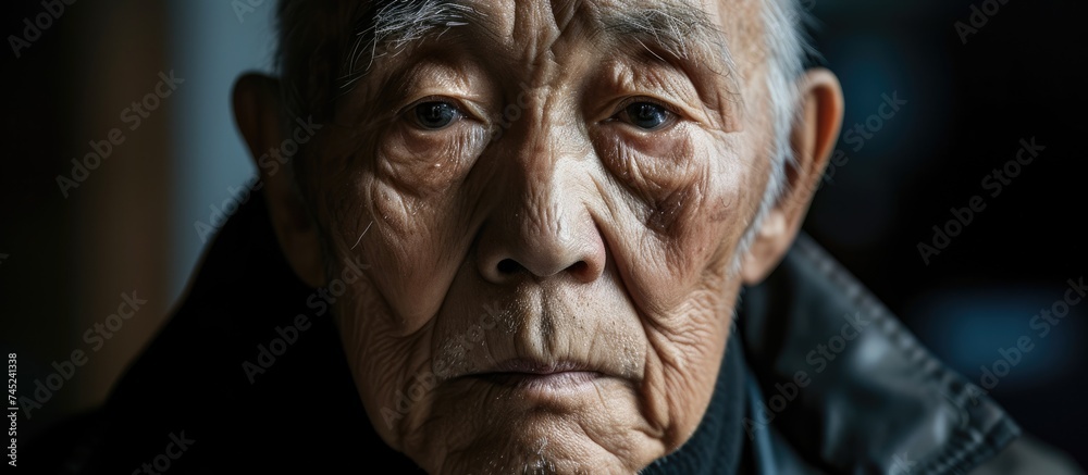An old Asian man with deep wrinkles on his face gazes directly at the camera, exuding wisdom and grace in his expression.