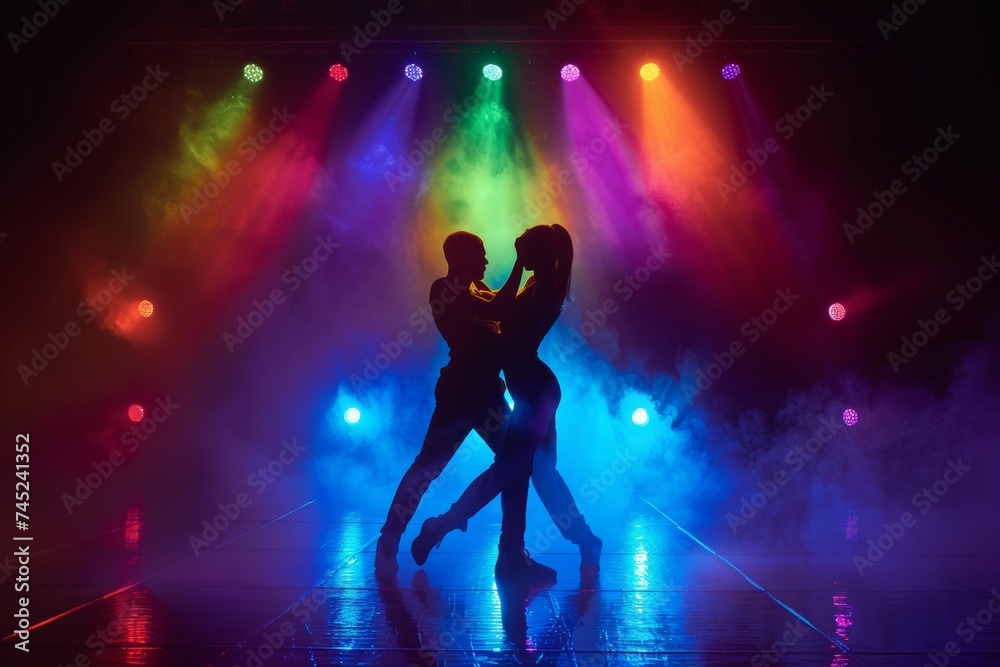 Two Performers Engaged in an Intense Theatrical Dance on Stage Under Bright Stage Lights