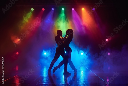 Two Performers Engaged in an Intense Theatrical Dance on Stage Under Bright Stage Lights © bomoge.pl
