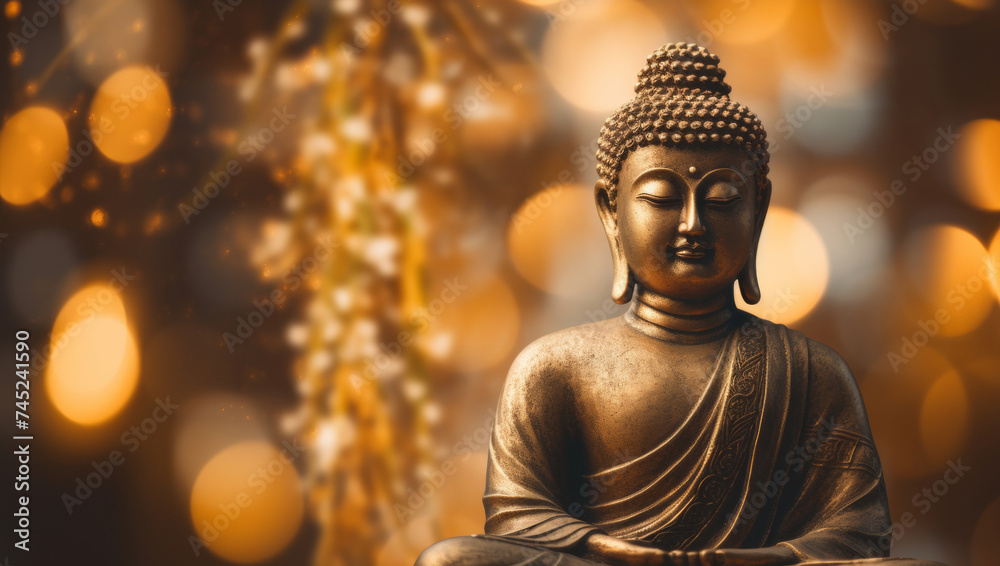 Serene Buddha statue with bokeh light background.