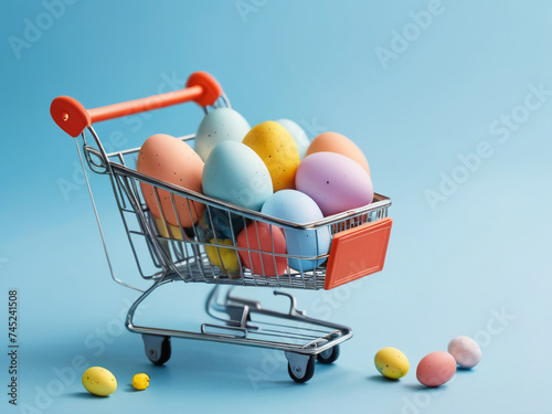Easter card with decorated eggs in a cart.