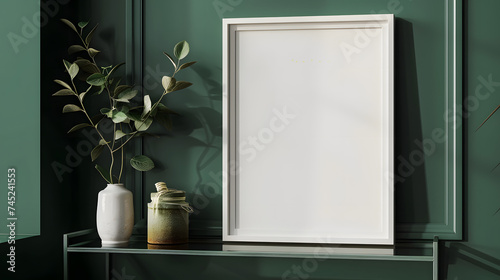 White empty wooden frame mock up close up on open metal shelf. Ceramic decor. Decorative marsh color wall with embossed panels. Dark green wall. Frame mockup. 3d rendering photo