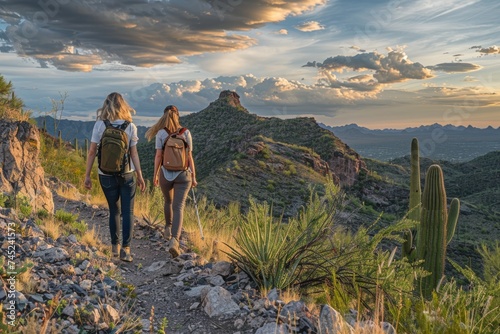 Two Women Hiking on Rugged Terrain with Picturesque Mountain Views at Sunset in Tasmania © bomoge.pl