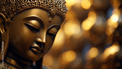 Close-up of a serene Buddha statue with a golden bokeh. © VK Studio